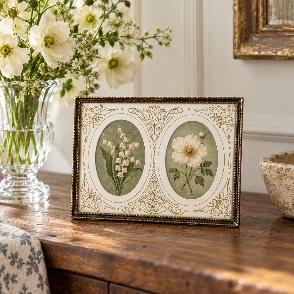 Vintage Double Oval Picture Frame, Ornate filigree Gold Mat, Small Console Decor